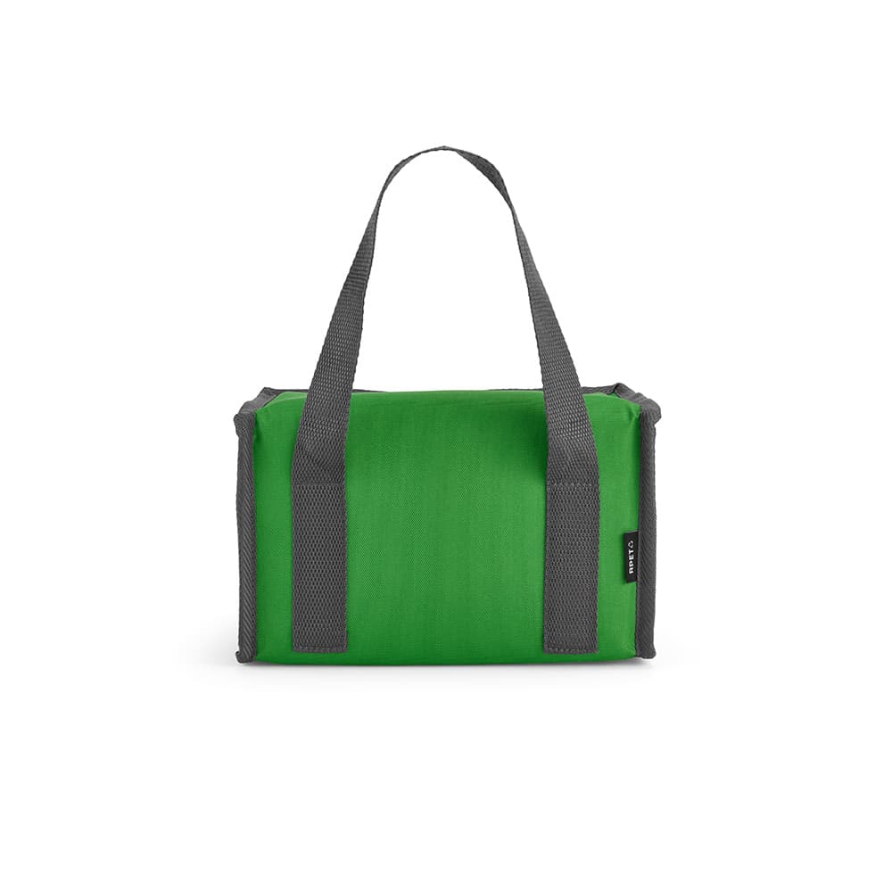 A green cooler bag with grey straps, featuring a rectangular shape and a simple design.