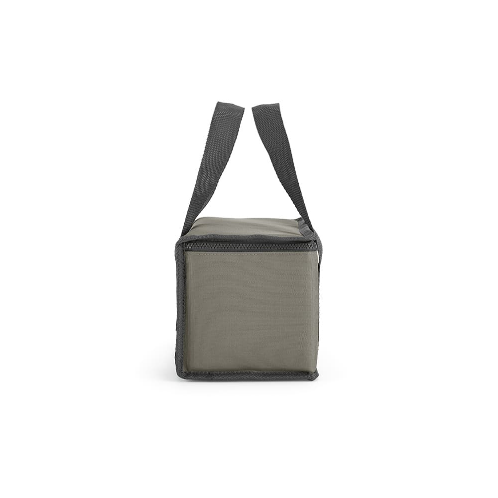 A cooler bag in grey with black handles and thermo-injected zippers. It features a simple, sleek design and a logo.