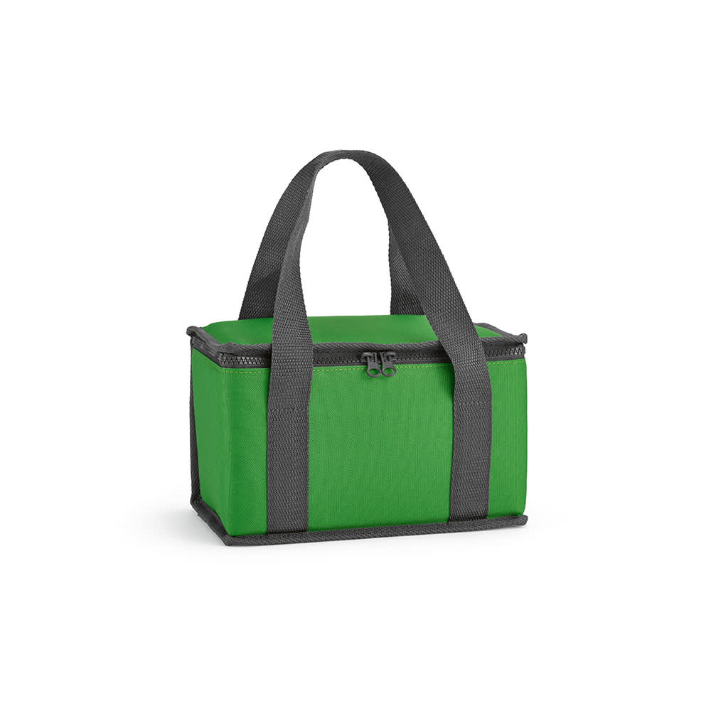 A green cooler bag with grey handles and thermo-injected zippers. It has a simple rectangular design and a logo.