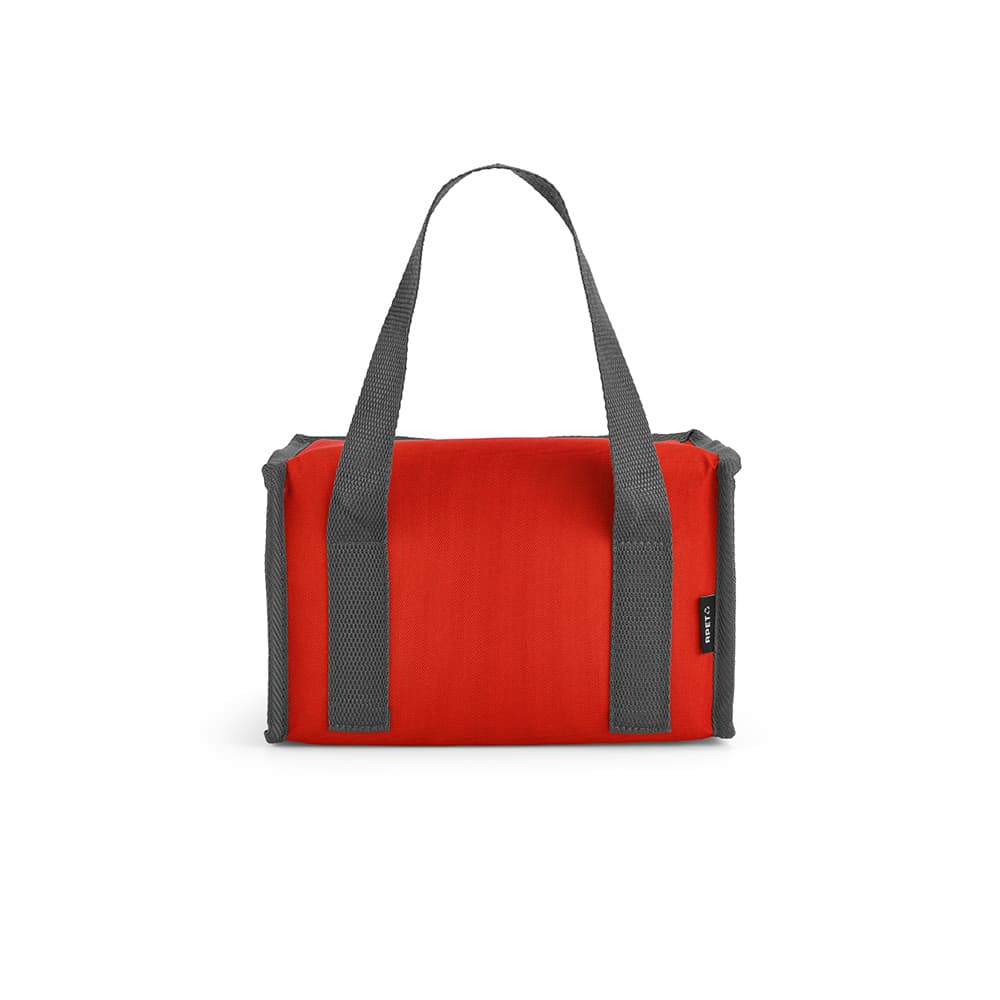 A red cooler bag with grey handles and thermo-injected zippers, featuring a branding logo.