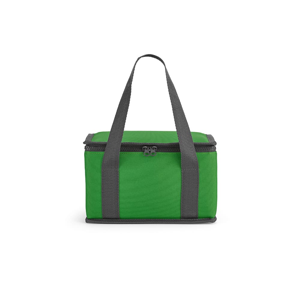 A green cooler bag with grey straps and thermo-injected zippers, featuring a simple rectangular design.