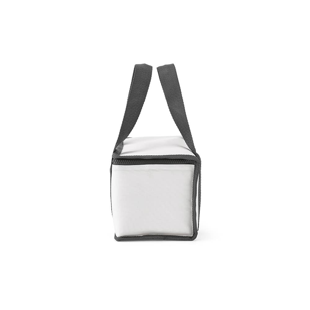 A drink cooler bag in white with grey straps and a zip closure, featuring a square shape.