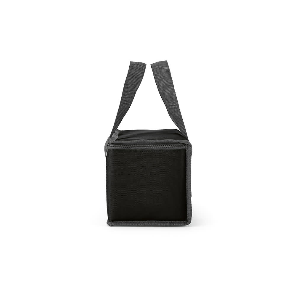 A cooler bag in black with grey straps and thermo-injected zippers. It features a logo on one side.