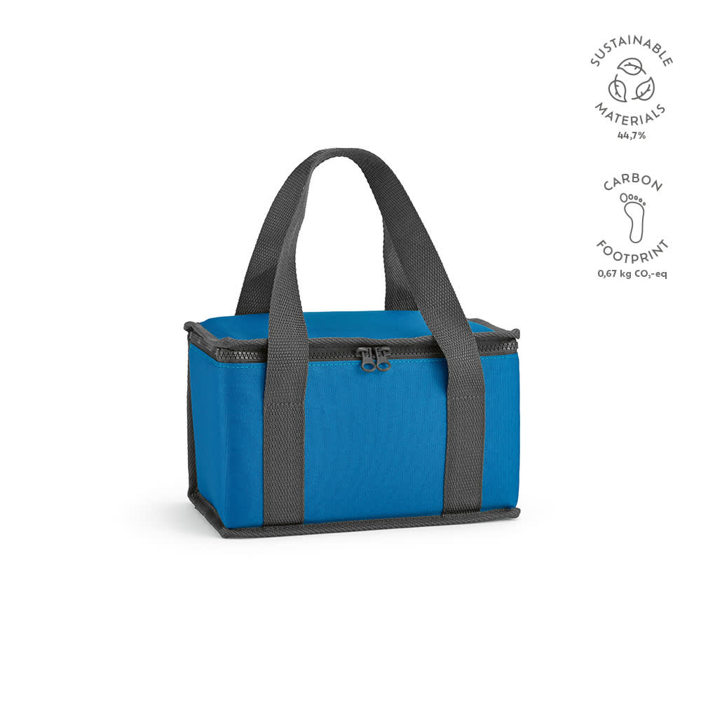 A cooler bag in vibrant blue with grey handles and thermo-injected zippers, featuring a sustainability logo.