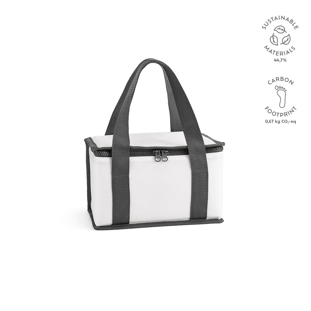A cooler bag featuring a white exterior with grey straps and zippers, made from sustainable materials.