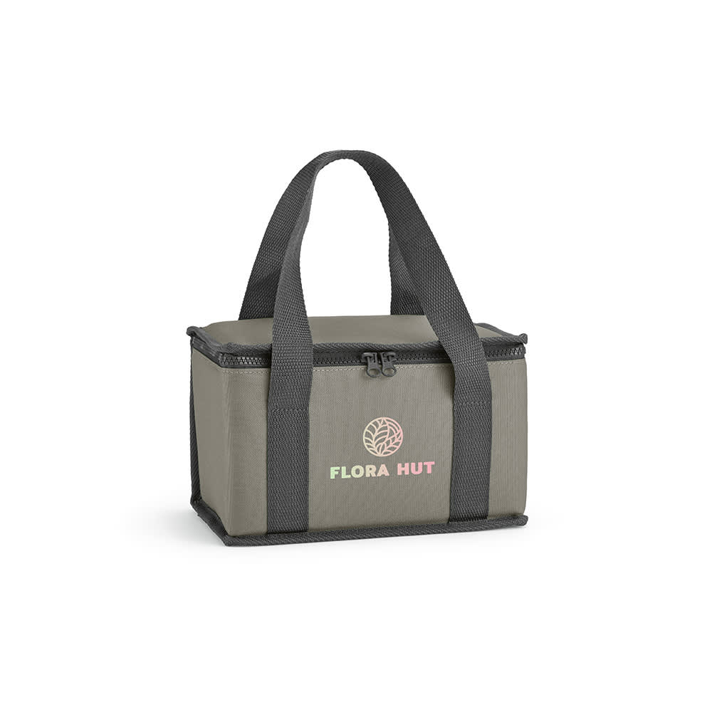 A cooler bag in grey with dark handles, featuring a logo on one side and a zippered closure.