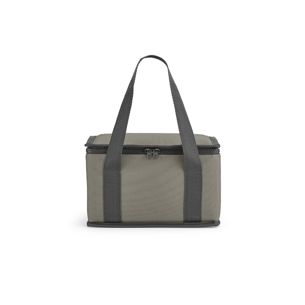 A cooler bag in grey with thermo-injected zippers and sturdy black straps. It features a simple, rectangular design.