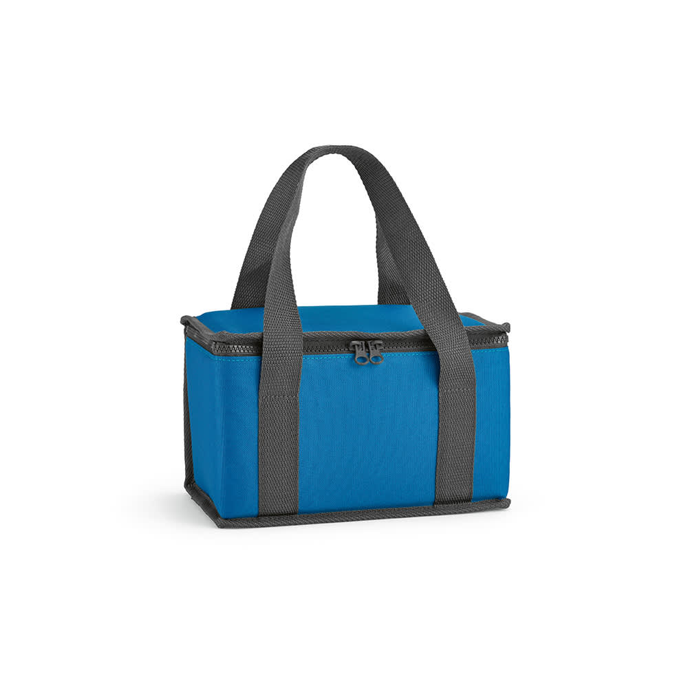 A blue cooler bag with grey handles and thermo-injected zippers, featuring a logo on the front.