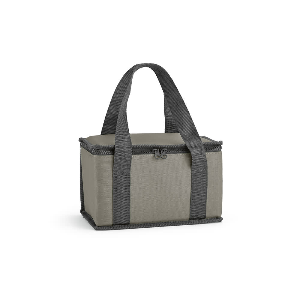 A cooler bag in grey with dark grey handles and thermo-injected zippers, featuring a sturdy rectangular shape.