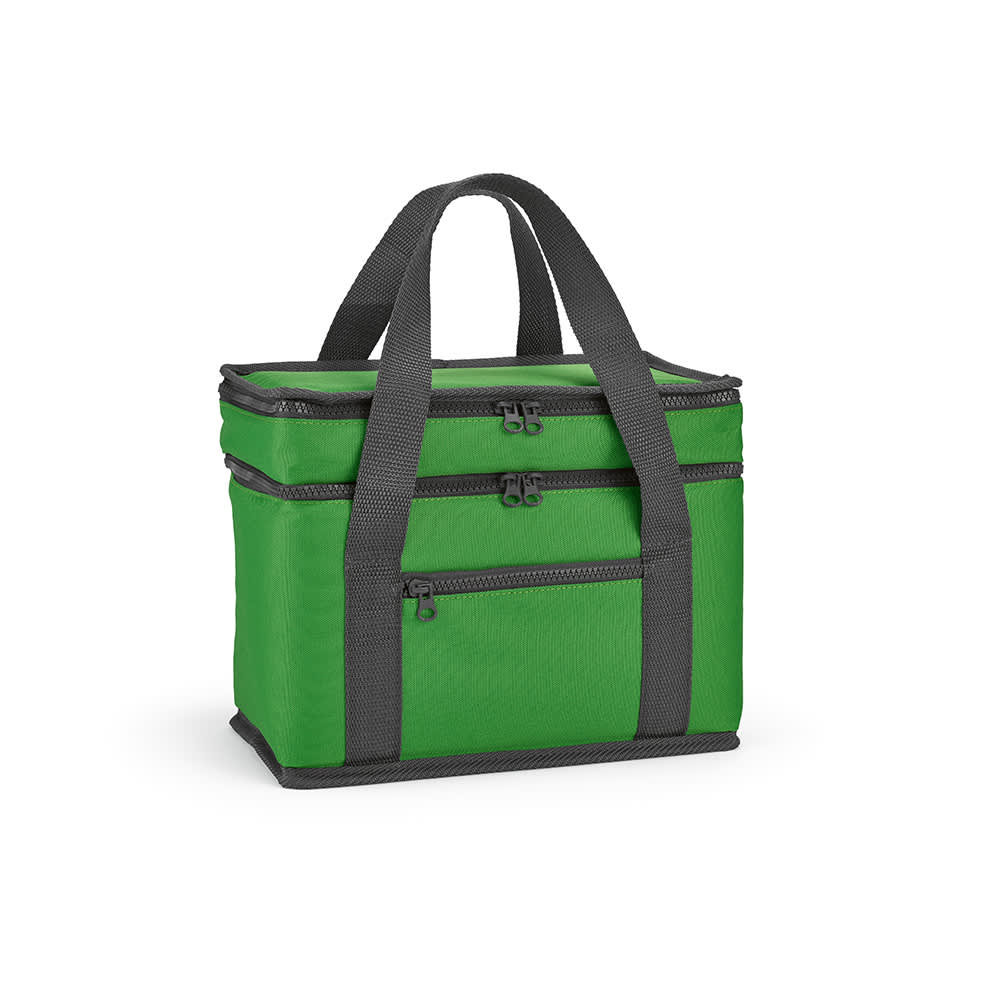A green cooler bag with two compartments and a front pocket, featuring sturdy black handles and zippers.