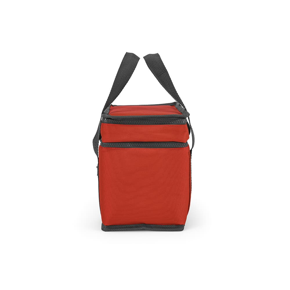 A red cooler bag with grey straps, featuring two compartments and a front pocket. It has a logo on the front.