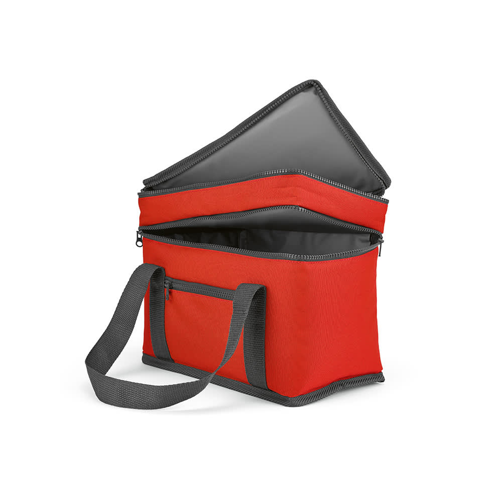 A red cooler bag with two compartments and a front pocket, featuring a grey interior and a shoulder strap.