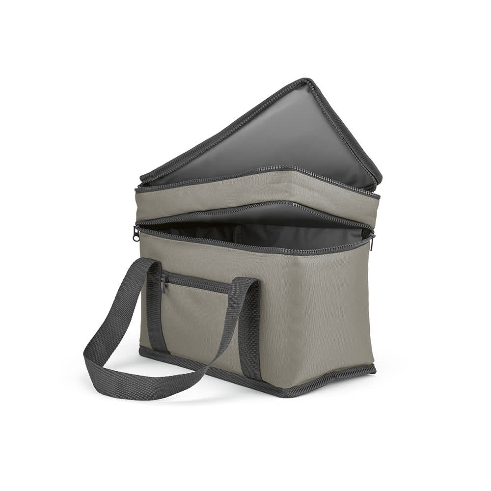 A grey cooler bag with two compartments and a front pocket, featuring a shoulder strap and a zipped top.