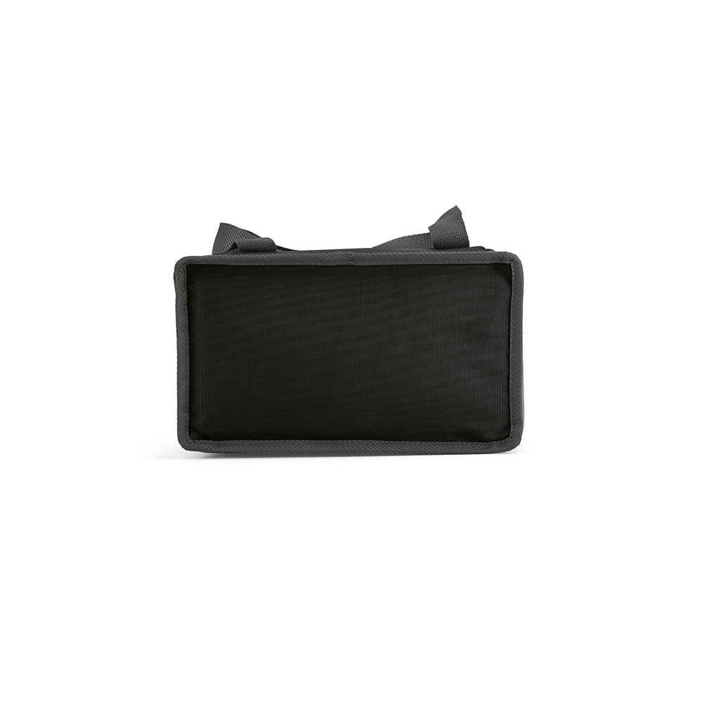 A black cooler bag with two compartments and a front pocket. The bag features sturdy handles and has a branded logo.