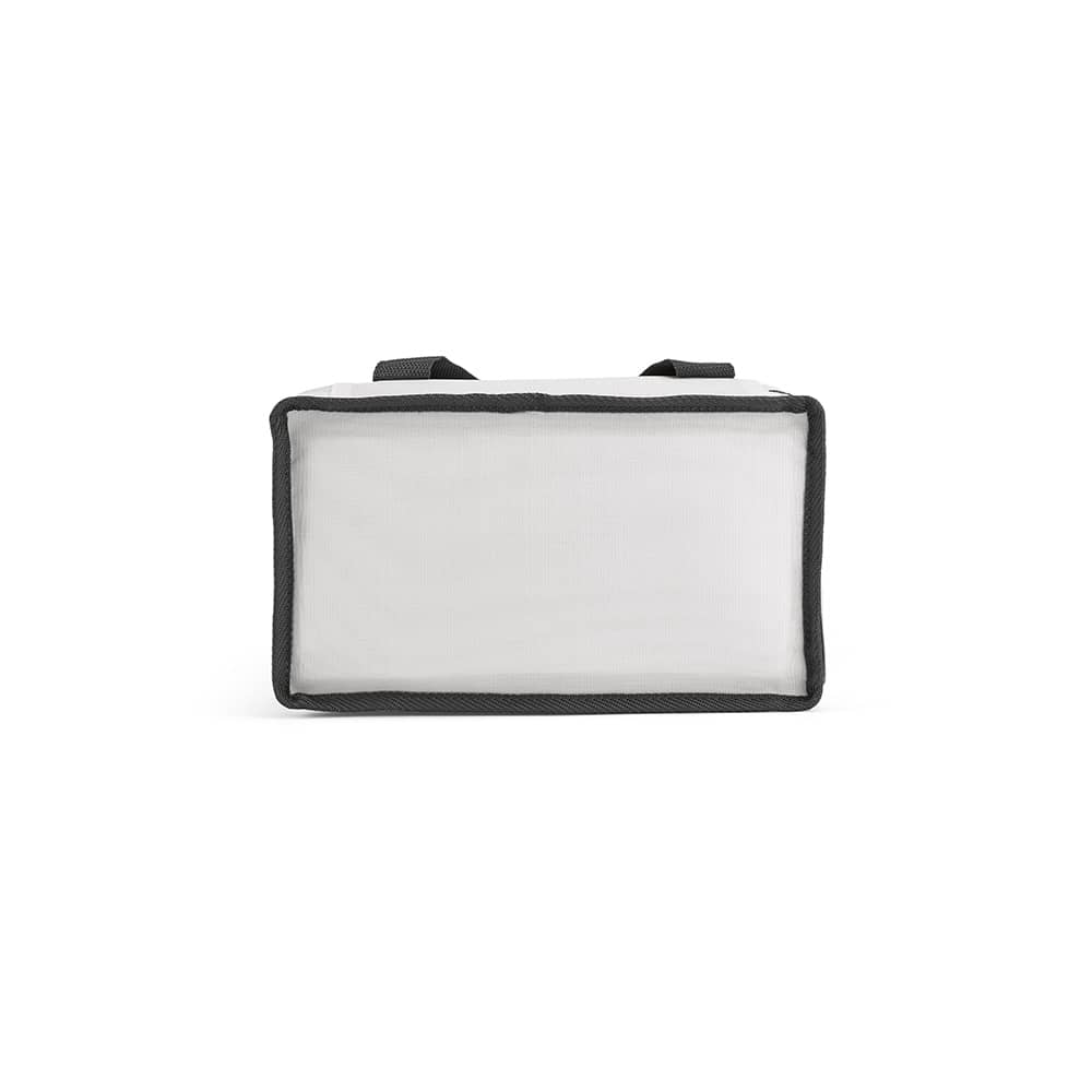 A cooler bag in white with black trim, featuring two compartments and a front pocket, along with carrying handles.