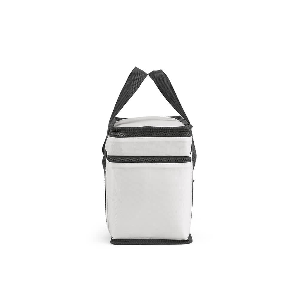 A cooler bag in white with black accents, featuring two zippered compartments and a front pocket.