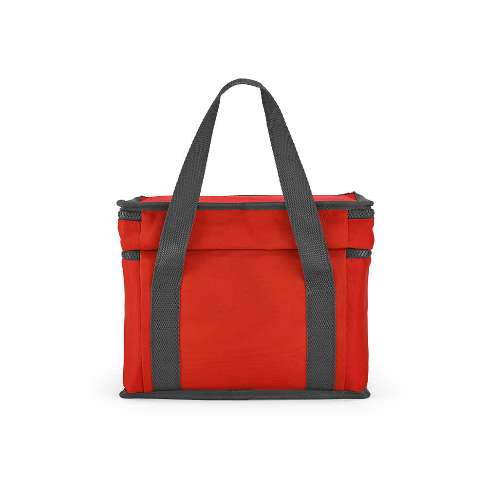 A cooler bag in bright red with grey straps, featuring two compartments and a front pocket. It has a logo.