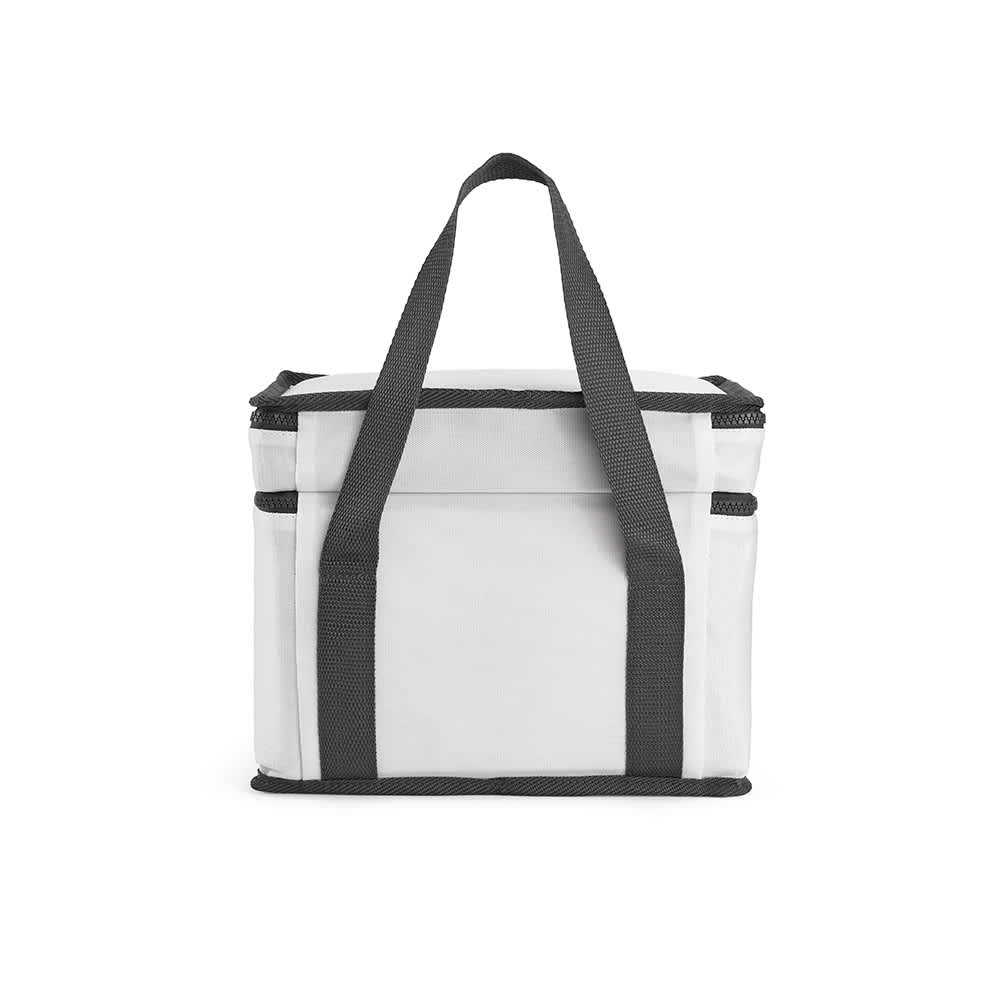 A cooler bag with two compartments, featuring a grey and white design and black handles. It has a front pocket.