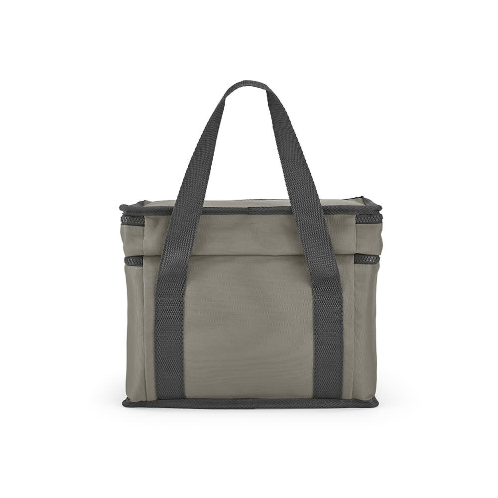A cooler bag in grey with two compartments and a front pocket, featuring sturdy black handles.