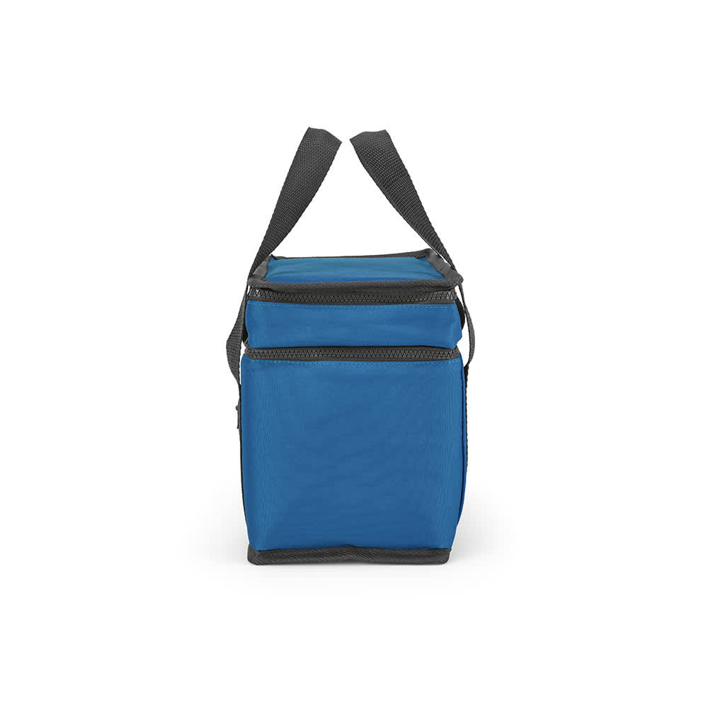 A drink cooler in blue, featuring two compartments and a front pocket, with black straps and a logo.