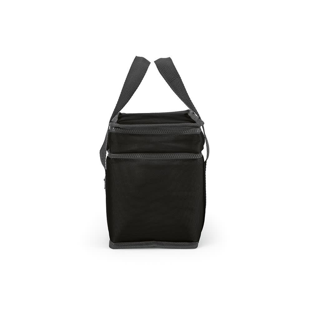 A black cooler bag with two compartments and a front pocket, featuring sturdy shoulder straps and a logo.
