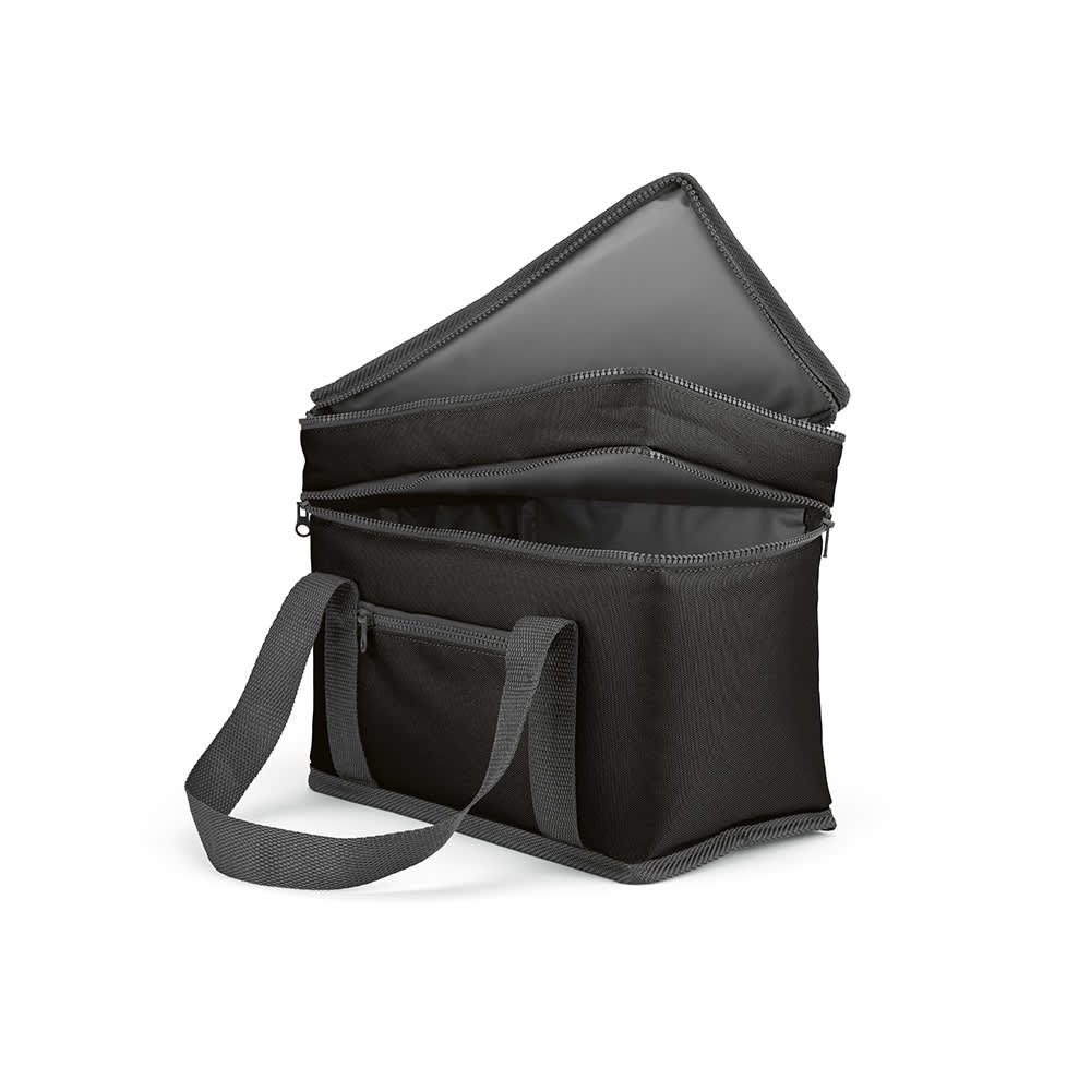A black cooler bag with two compartments and a front pocket, featuring a shoulder strap and zip closure.