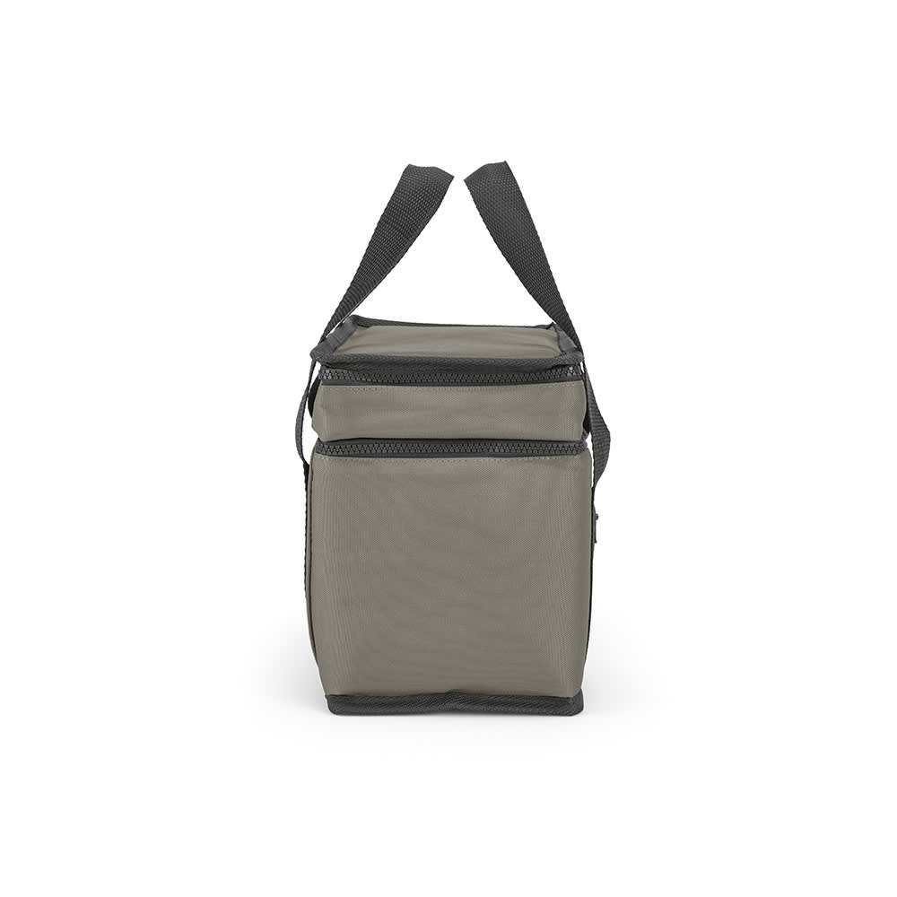 A drink cooler in olive green with two compartments, black accents, and adjustable straps. Features a front pocket and logo.