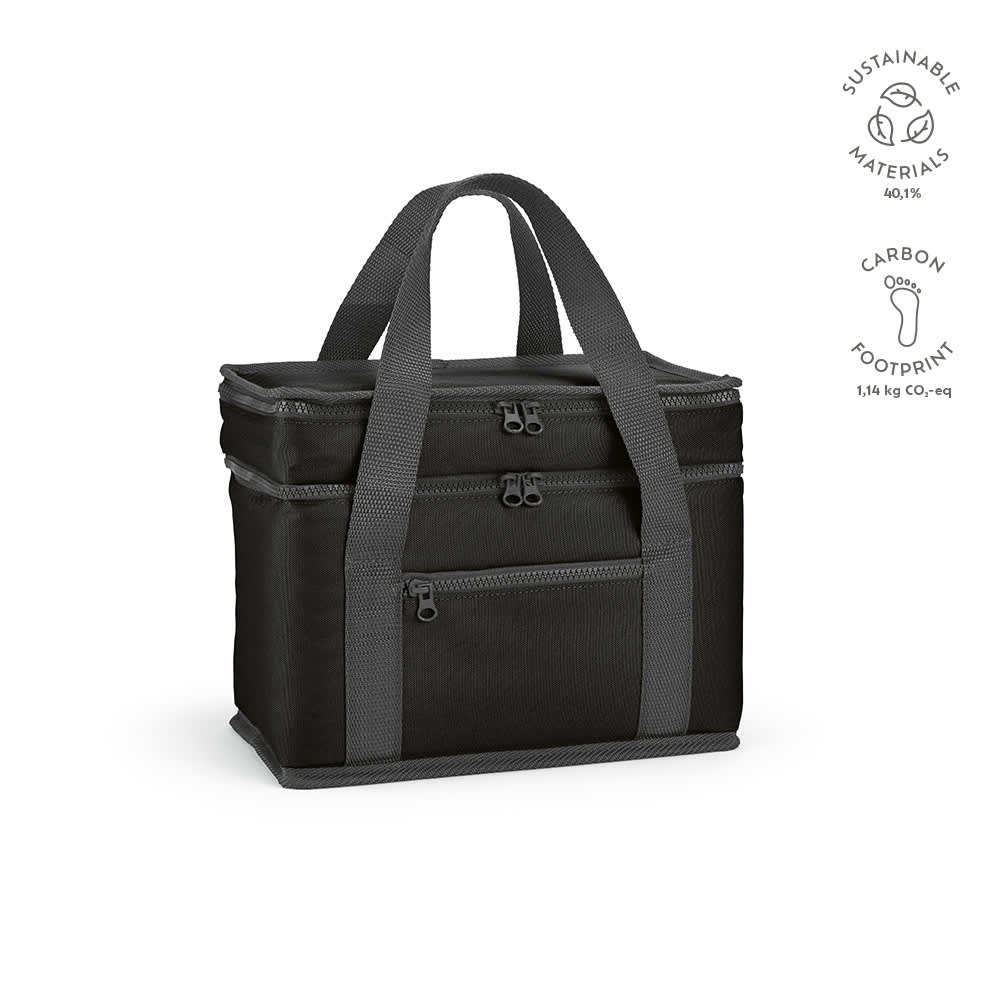 A cooler bag in black with two compartments and a front pocket, featuring sturdy grey handles and a branding logo.