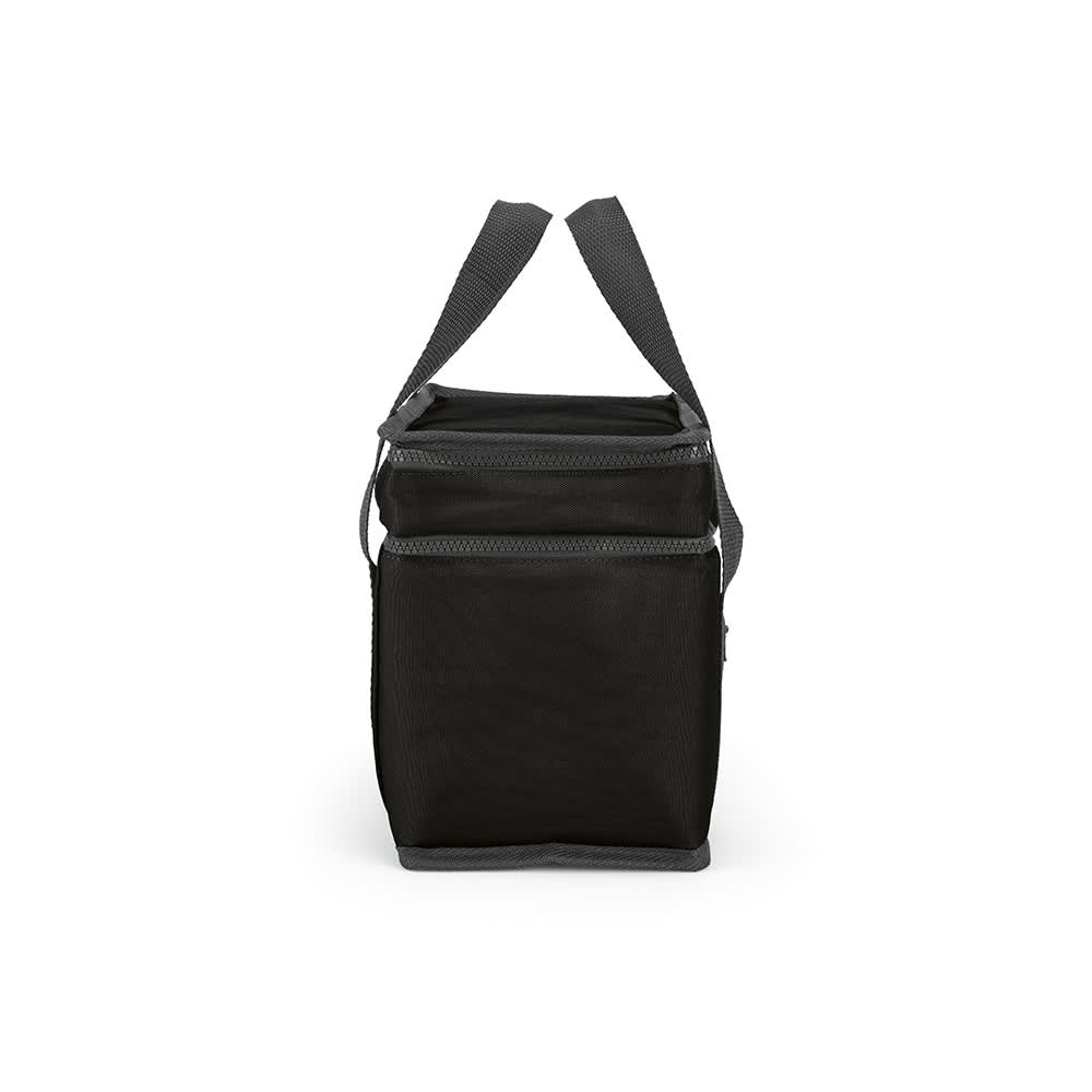 A black cooler bag with two compartments and a front pocket, featuring adjustable carrying straps.