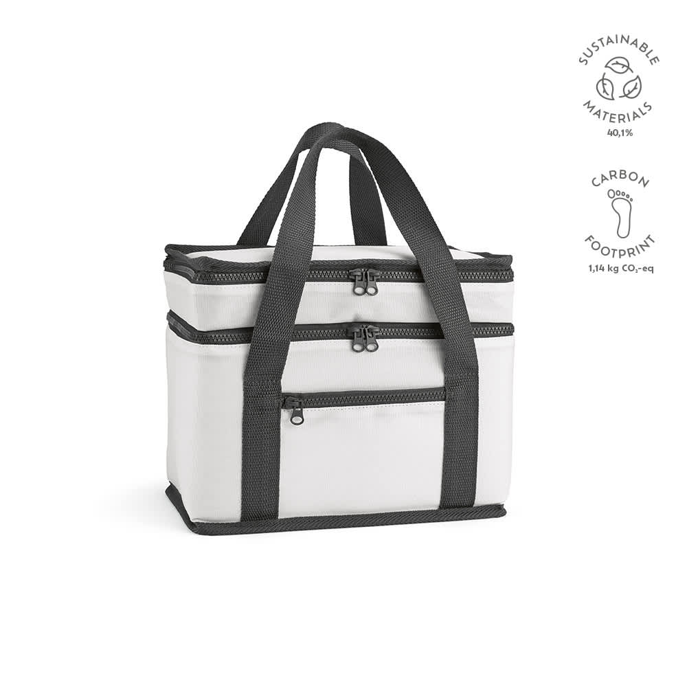 A cooler bag featuring two compartments and a front pocket, primarily white with black accents and handles.