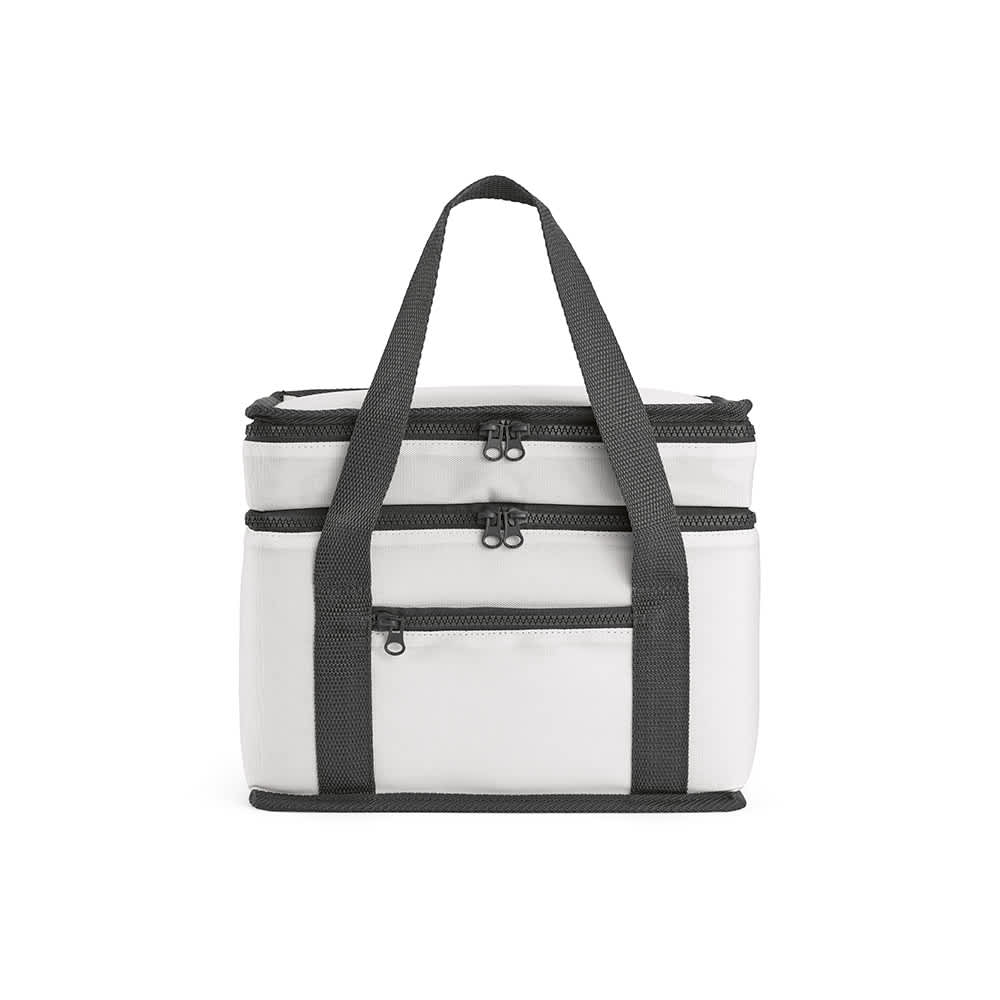 A drink cooler in white with grey accents, featuring two compartments and a front pocket, plus sturdy handles.