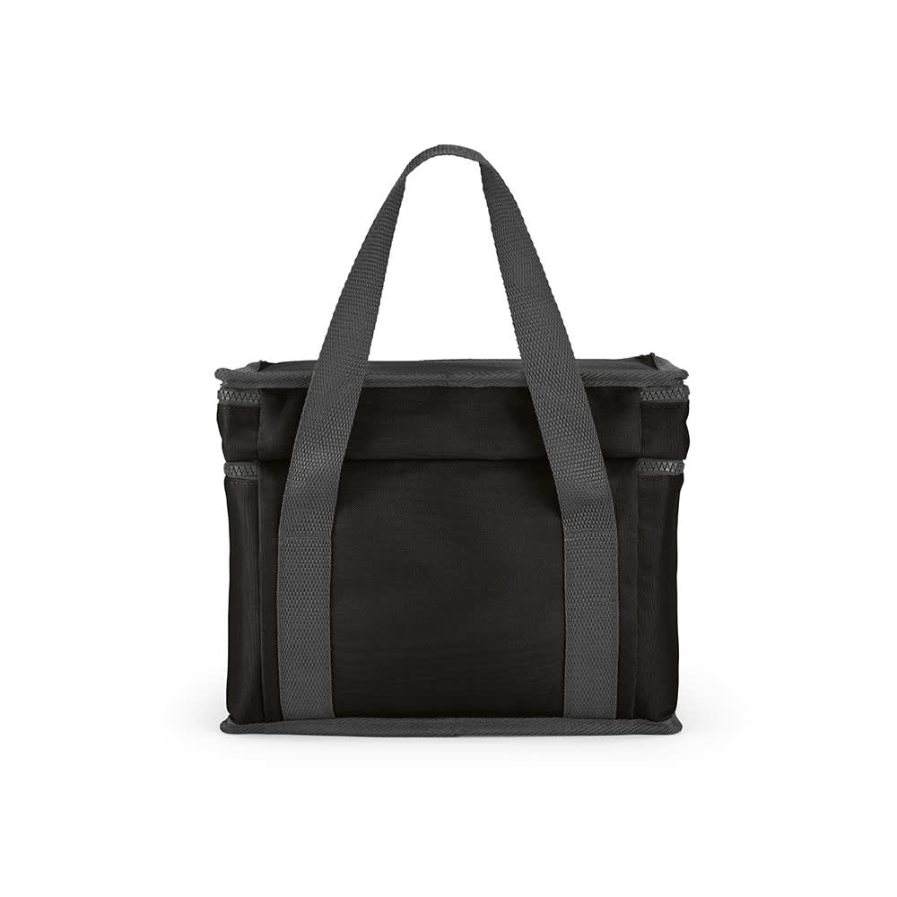 A black cooler bag with two compartments and a front pocket, featuring sturdy grey straps and a simple design.