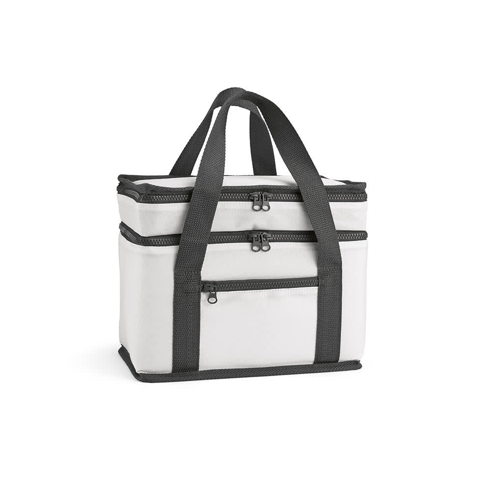 A cooler bag featuring a white exterior with grey zips and straps, equipped with two compartments and a front pocket.