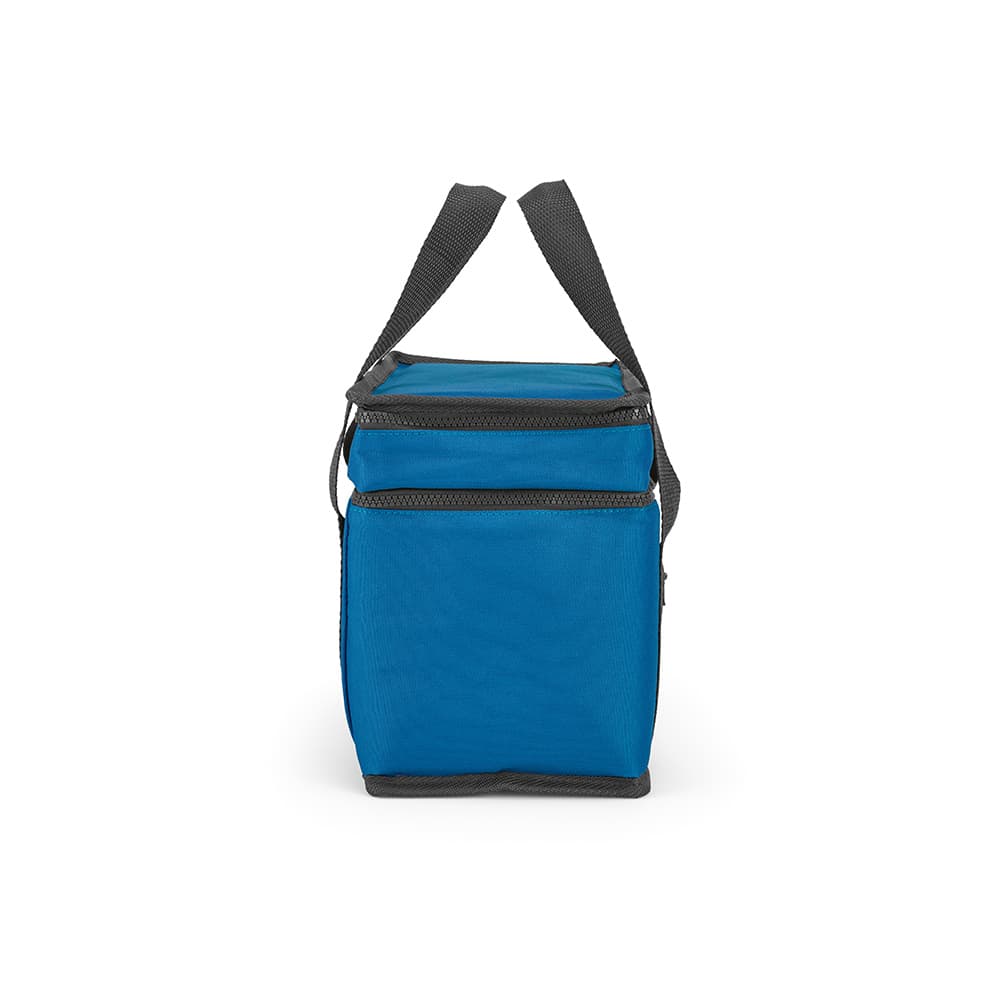 A cooler bag featuring two compartments, a front pocket, and grey straps, in a vibrant blue colour.