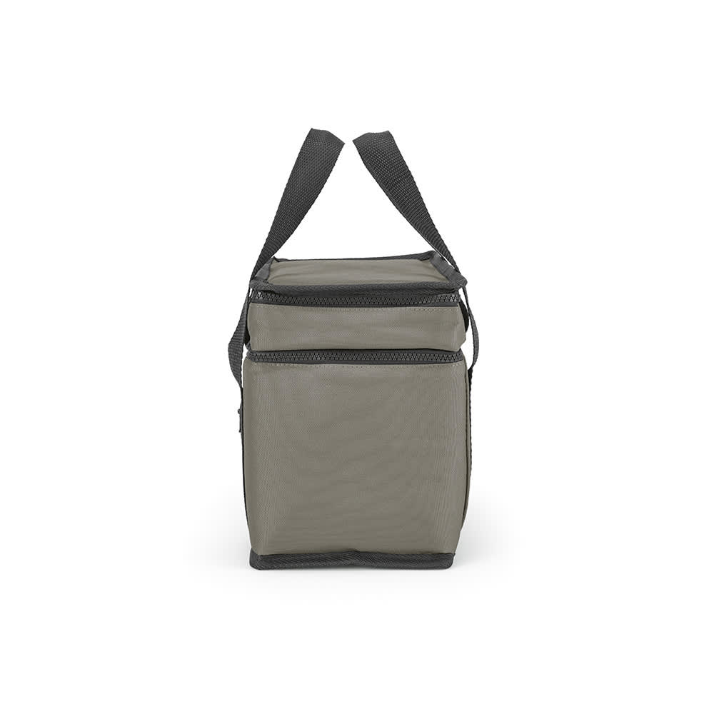 A cooler bag in grey, featuring two compartments and a front pocket, with dual black straps. It has a logo.
