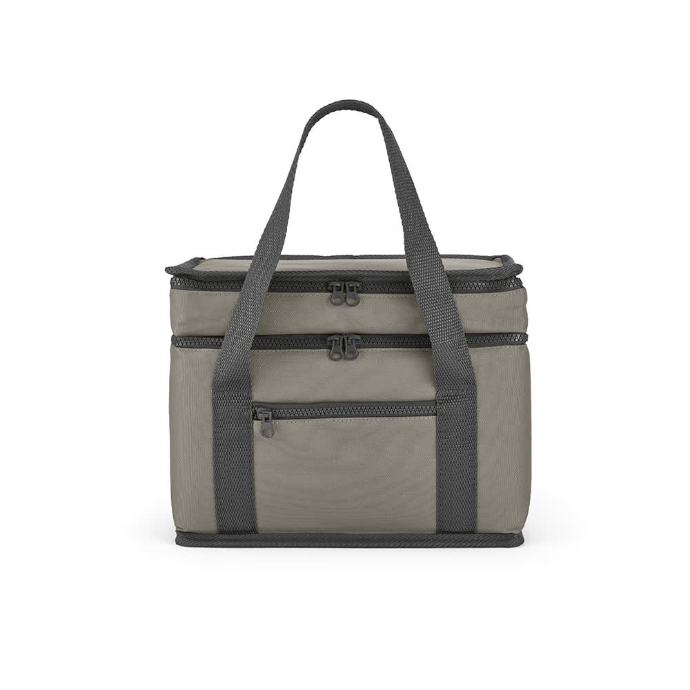 A cooler bag in grey with two compartments and a front pocket, featuring sturdy carrying handles. It has a logo.