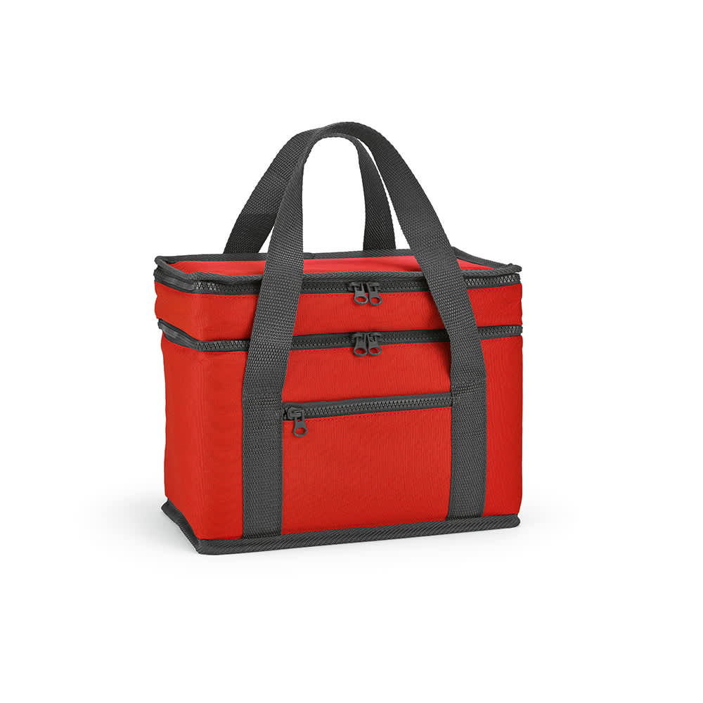 A red cooler bag with two compartments and a front pocket, featuring grey straps and zippers. It has a branded logo.