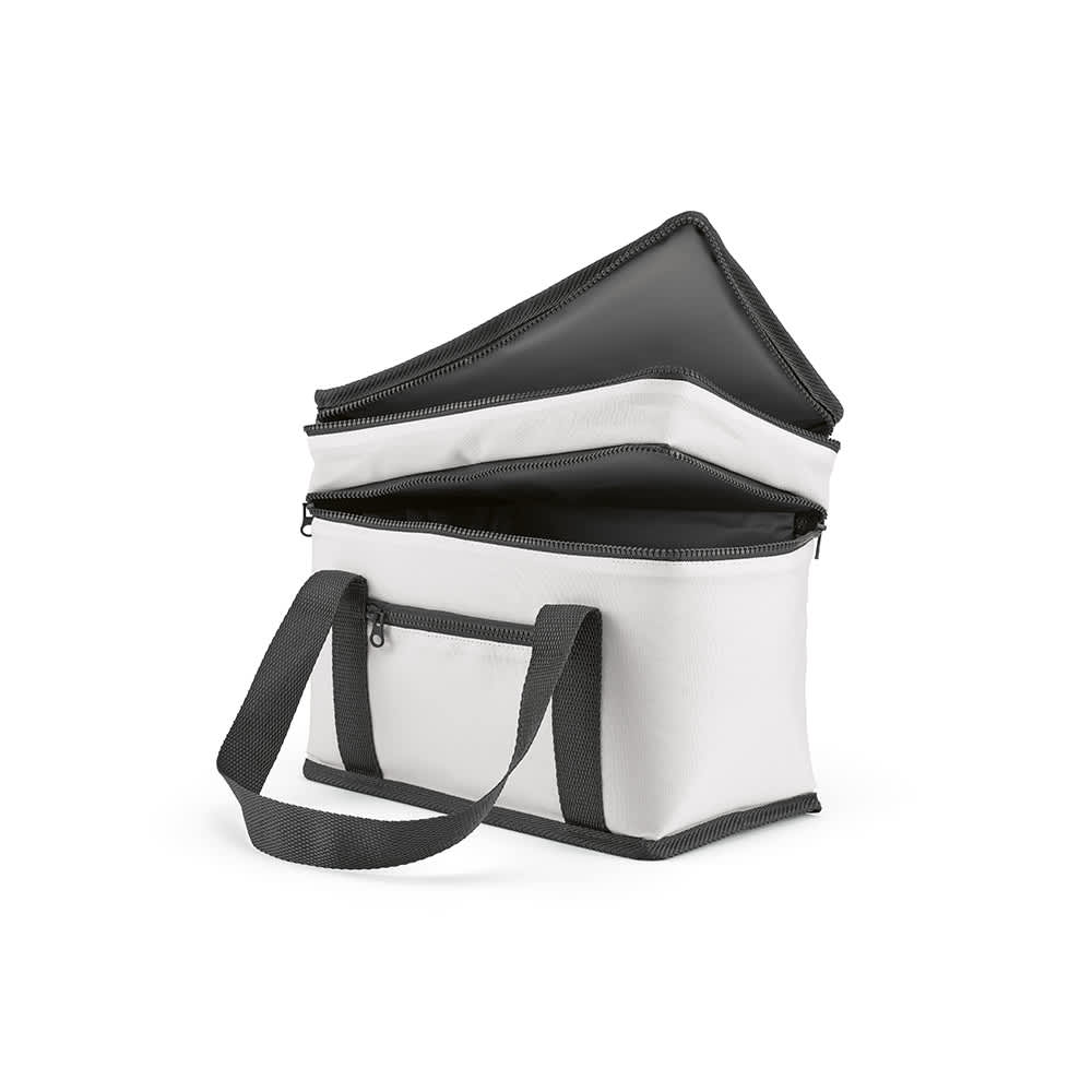 A cooler bag in white with grey accents, featuring two compartments and a front pocket. It has a branded logo.