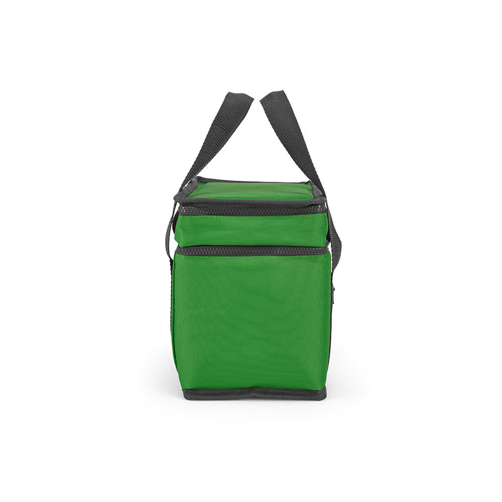 A green cooler bag with two compartments and a front pocket, featuring dual carrying straps.