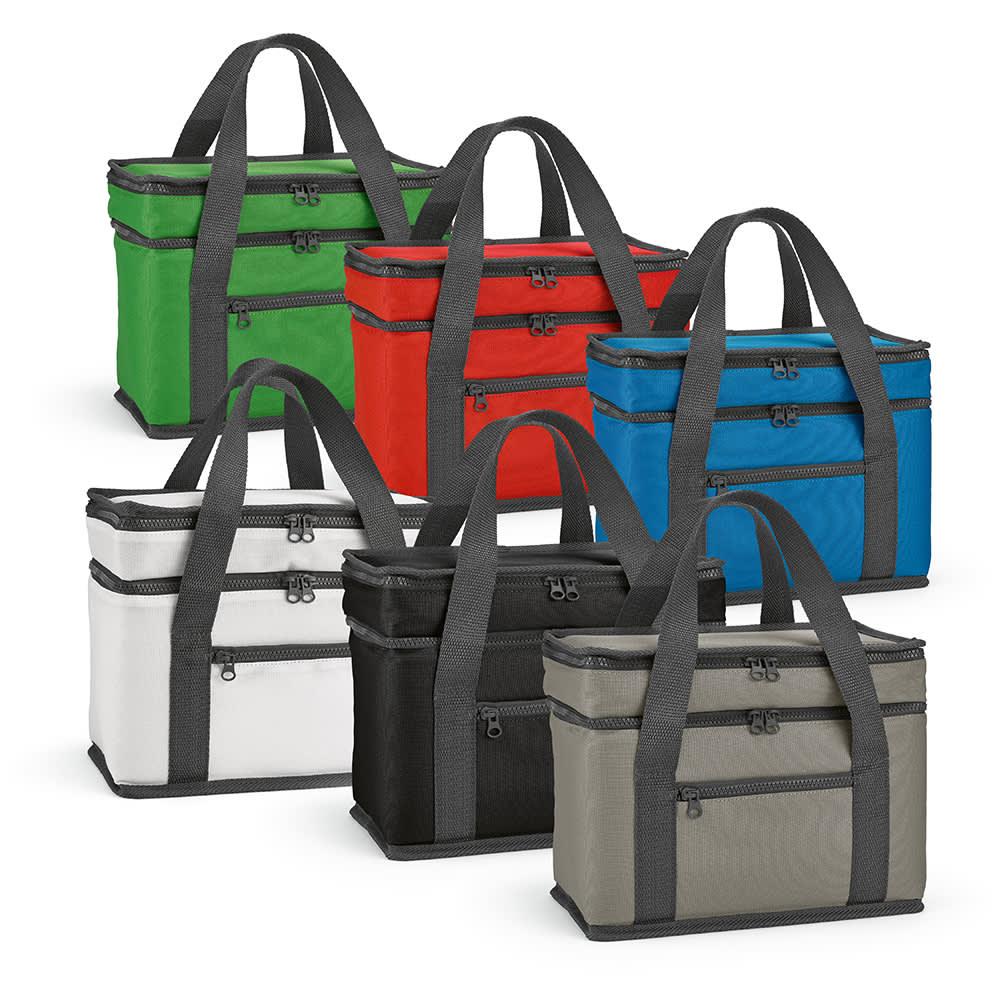 A cooler bag featuring two compartments and a front pocket, available in green, red, blue, white, black, and grey.