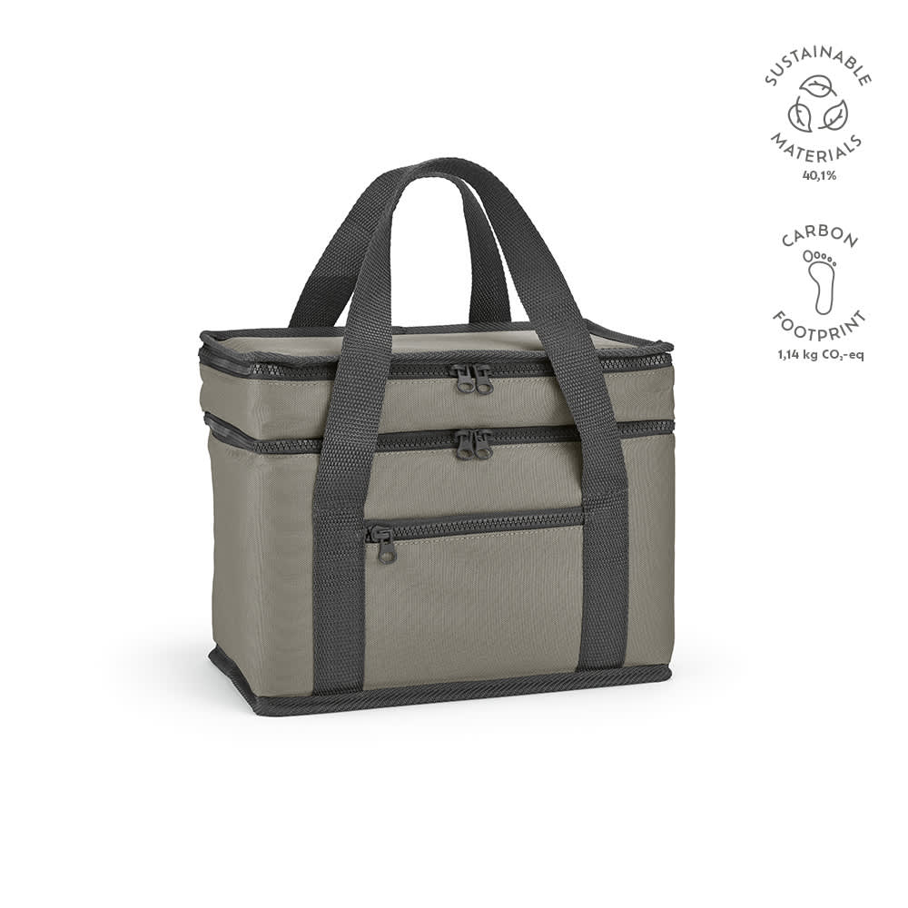 A cooler bag in grey with two compartments and a front pocket, featuring sturdy handles and a logo.