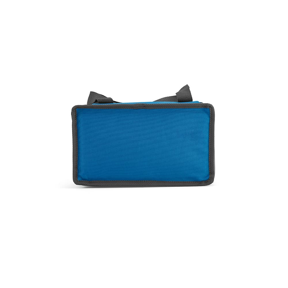 A blue cooler bag with two compartments and a front pocket, featuring handles and a logo.