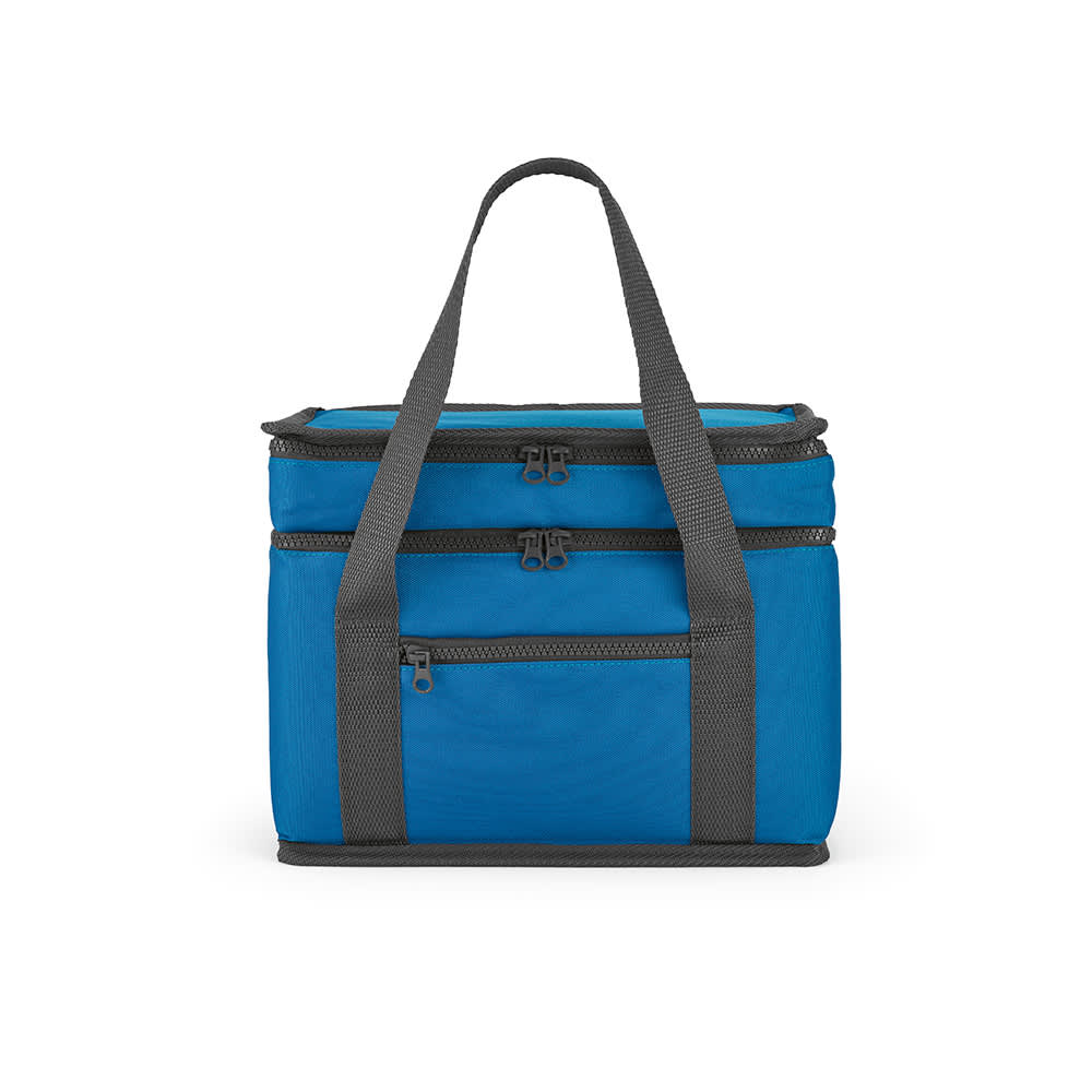 A drink cooler in bright blue with two compartments and a front pocket, featuring grey straps. It has a logo.