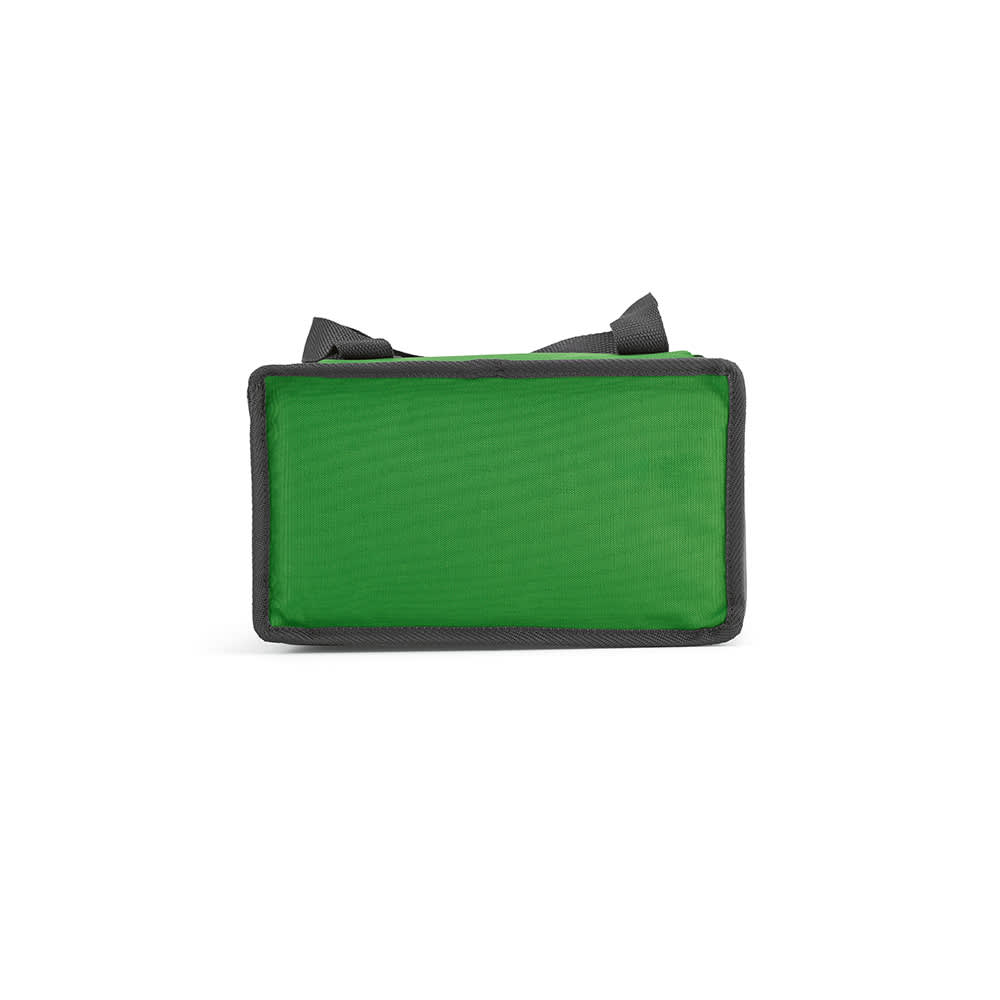 A green cooler bag with two compartments and a front pocket. It has sturdy grey handles and a simple design.