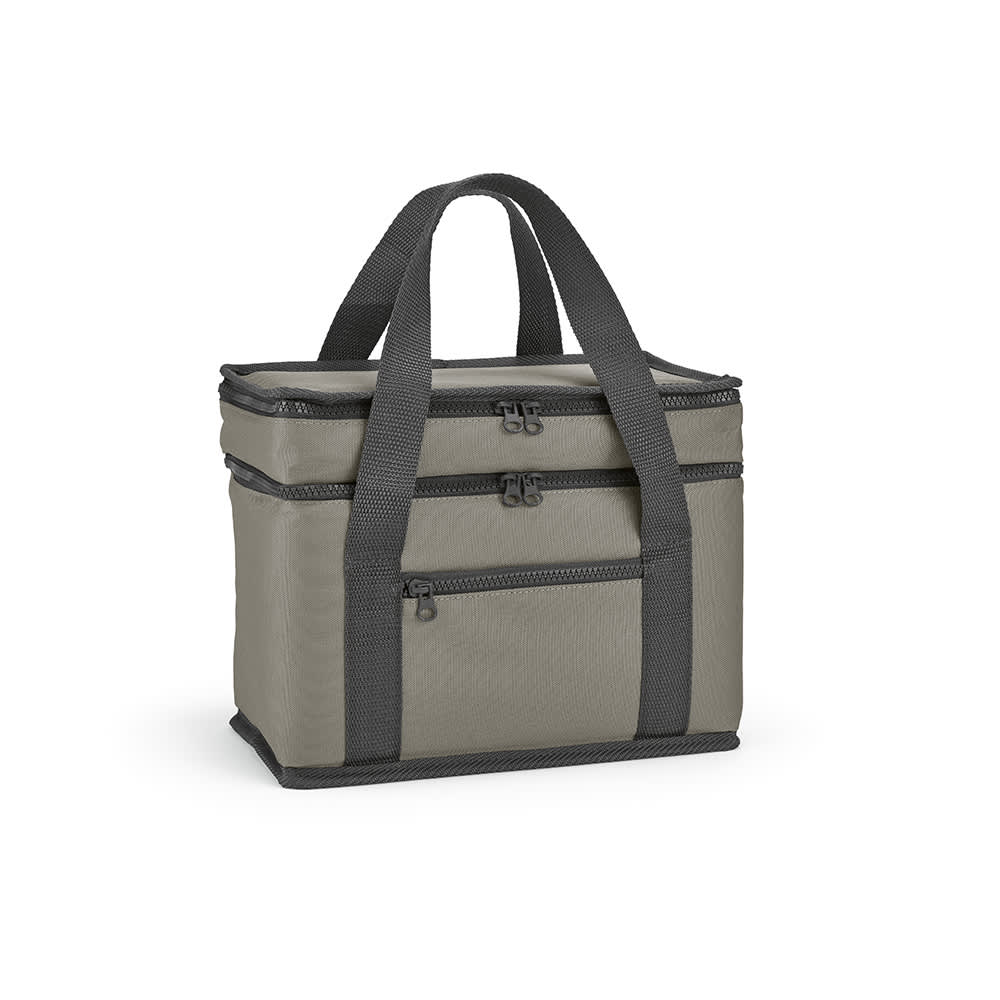 A cooler bag in grey with two compartments and a front pocket, featuring dual zippers and sturdy handles.
