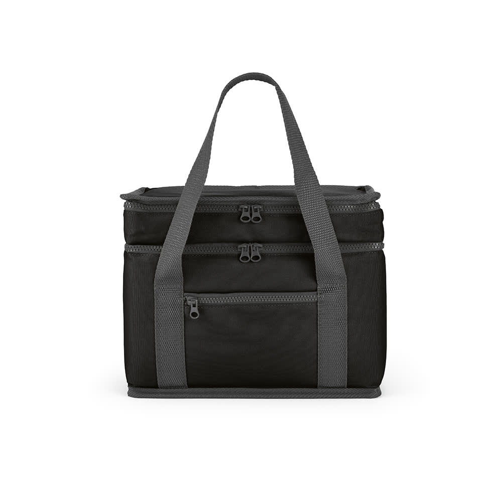 A black cooler bag with two compartments and a front pocket, featuring sturdy straps and zip closures.