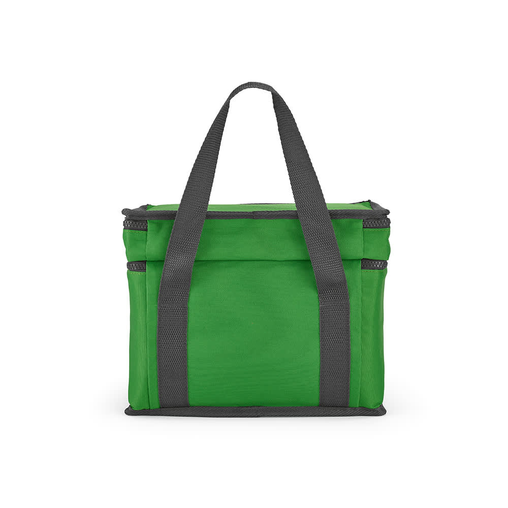 A green cooler bag with two compartments and a front pocket, featuring grey straps and a logo.