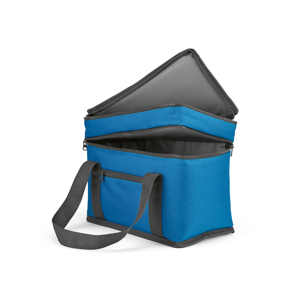 A cooler bag in blue with two compartments and a front pocket, featuring a grey strap and zippers.