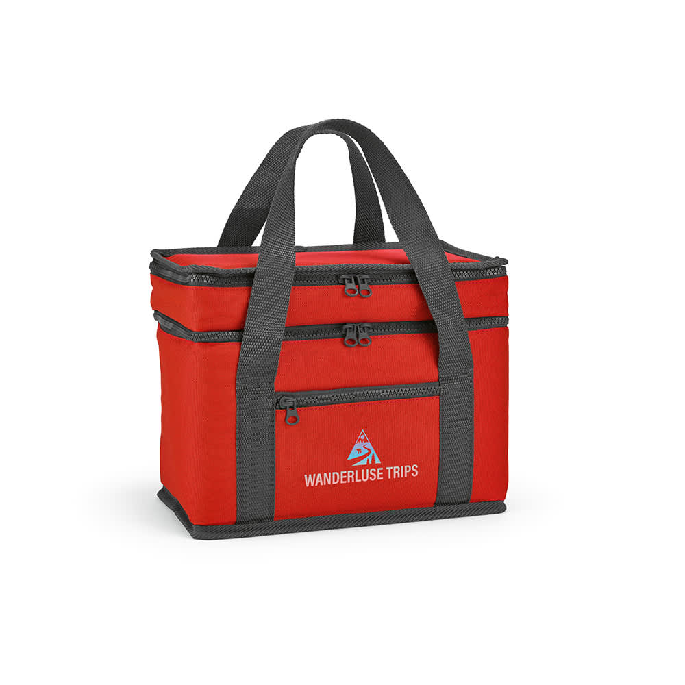 A red cooler bag with two zippered compartments and a front pocket, featuring grey straps and a logo.
