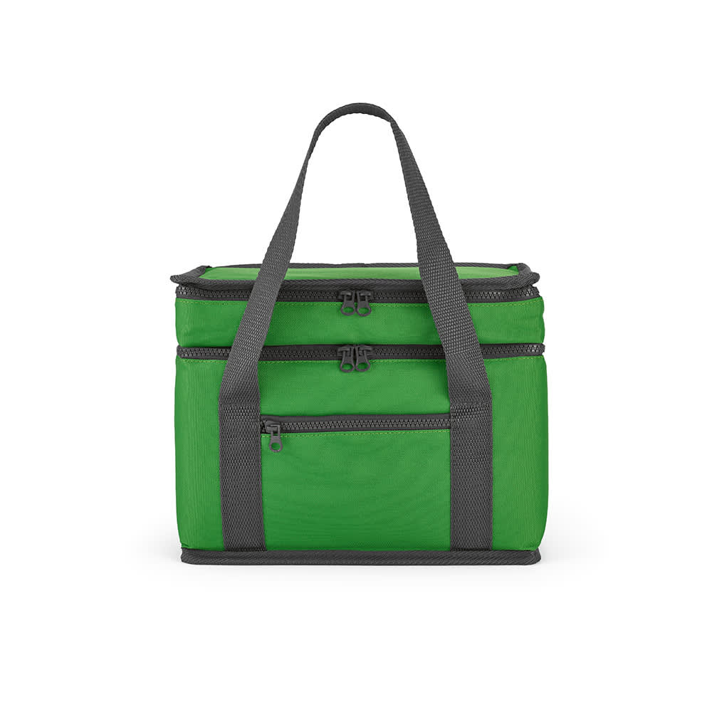 A green cooler bag with two compartments and a front pocket, featuring sturdy grey handles and zippers.